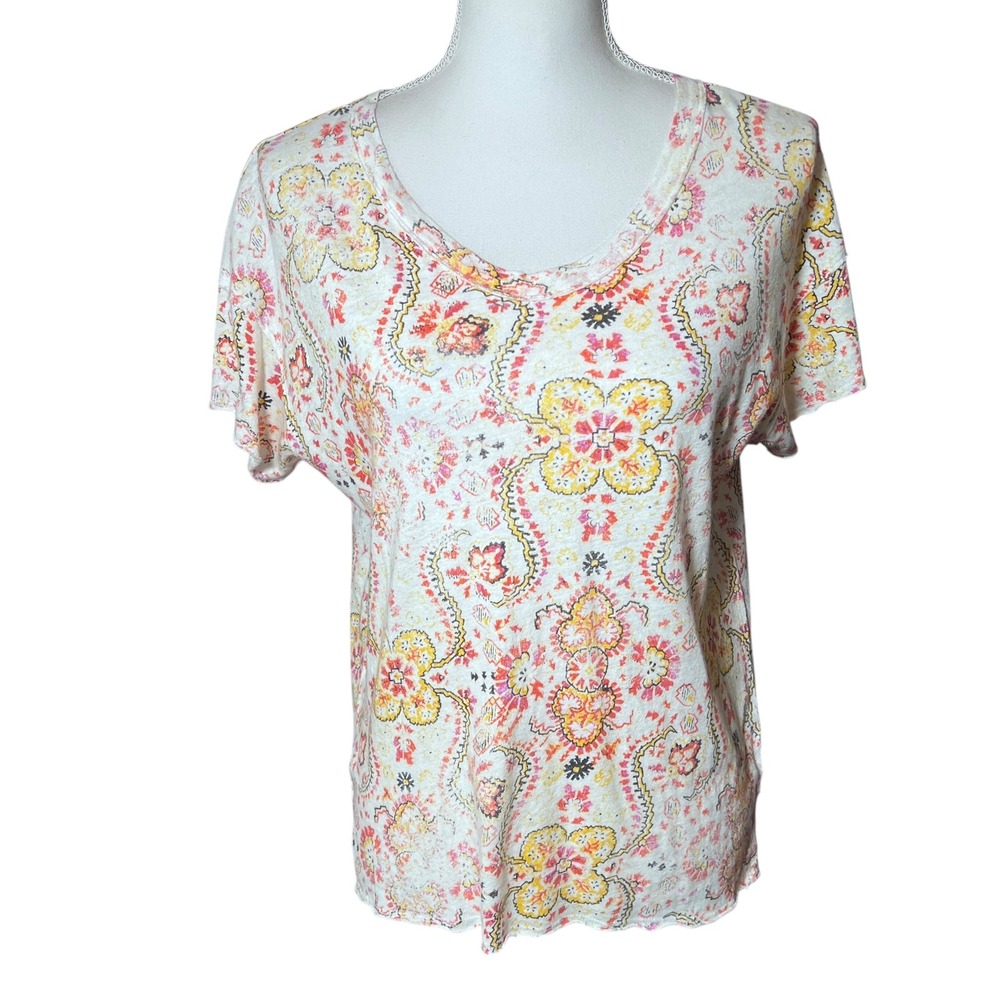 Anthropologie PILCRO Women's Flutter Sleeve Paisley T Shirt‎ Small Cotton Linen